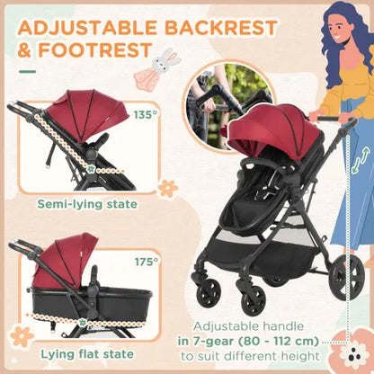 Red Foldable Baby Pushchair with Fully Reclining Backrest - Birth to 3 Years