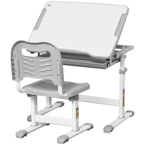 Kids' desk and chair set with adjustable height and tiltable tabletop, including a drawer, pen holders, and a hook for a well-organized study area