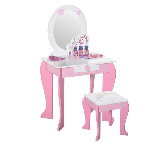Unicorn-Designed Kids Dressing Table Vanity Set with Mirror and Stool for Girls