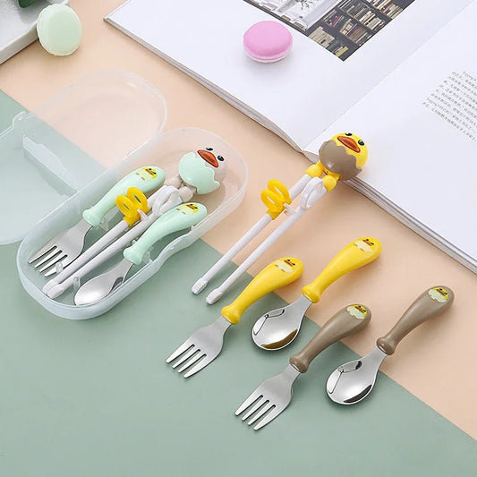 New 304 Stainless Steel Children's Cartoon Training Chopsticks Baby Cute Food Spoon Fork Portable Three-piece Set