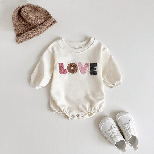2023 Baby LOVE Embroidery Sweatshirt Romper Cream Color Newborn Infant Baby Boy Girl Romper Long Sleeve Jumpsuit Baby Clothing
