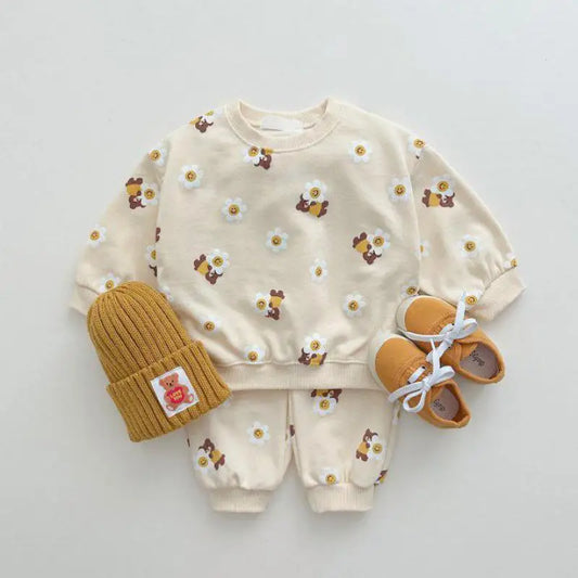 Autumn New Baby Girl Flower Bear Sweatshirt Set Infant Boy Sports Pants Suit Cotton Children Casual Clothes Set Toddler Outfits