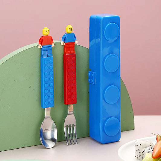 Children Building Block Fork Spoon Set With Storage Box Children Stainless Steel Tableware Jigsaw Toys Utensils Children Gifts